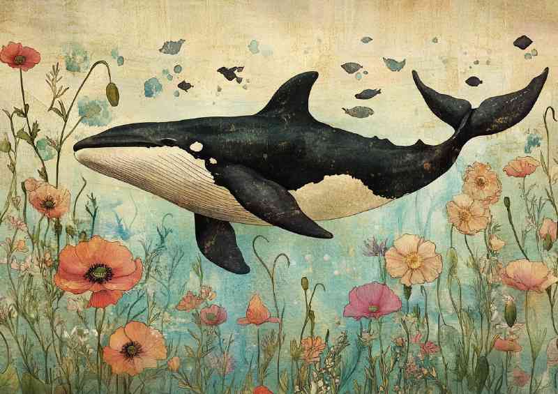 Killer whale orca in the sea with flowers