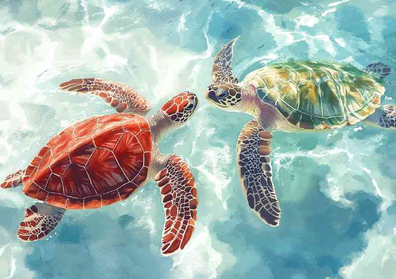 Two sea turtles swimming in ocean