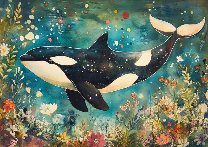 Watercolour Orca in the sea bed