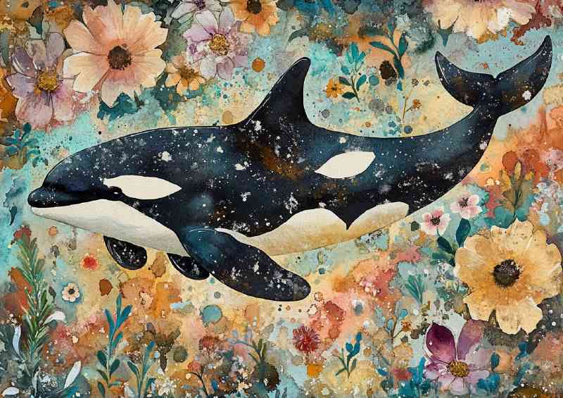 Whimsical orca dreamy flowers