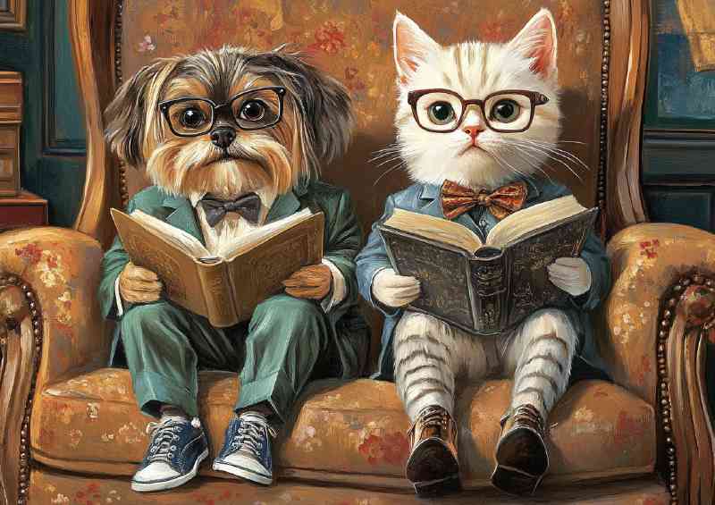 Bestys cat and dog reading surreal | Metal Poster