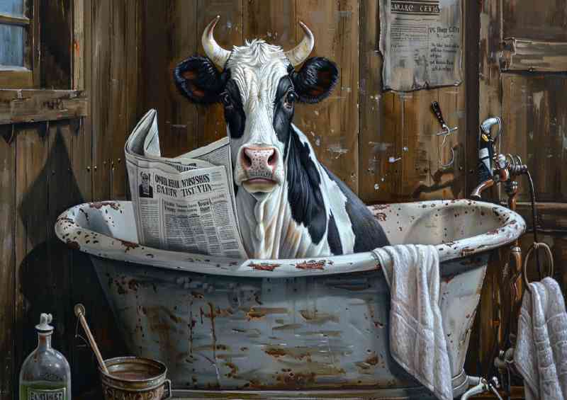 Black and white Cow taking a bath reading the news