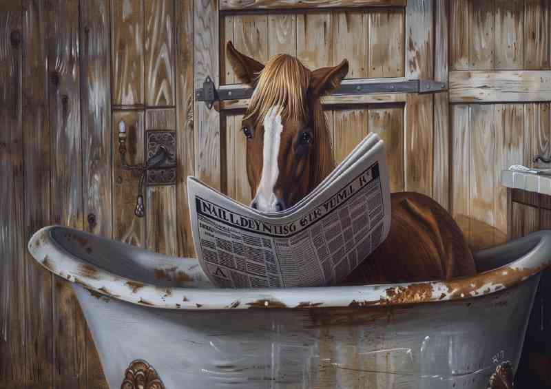 Brown horse in the bath tub reading paper