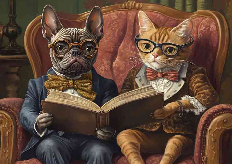 Cat and dog reading together