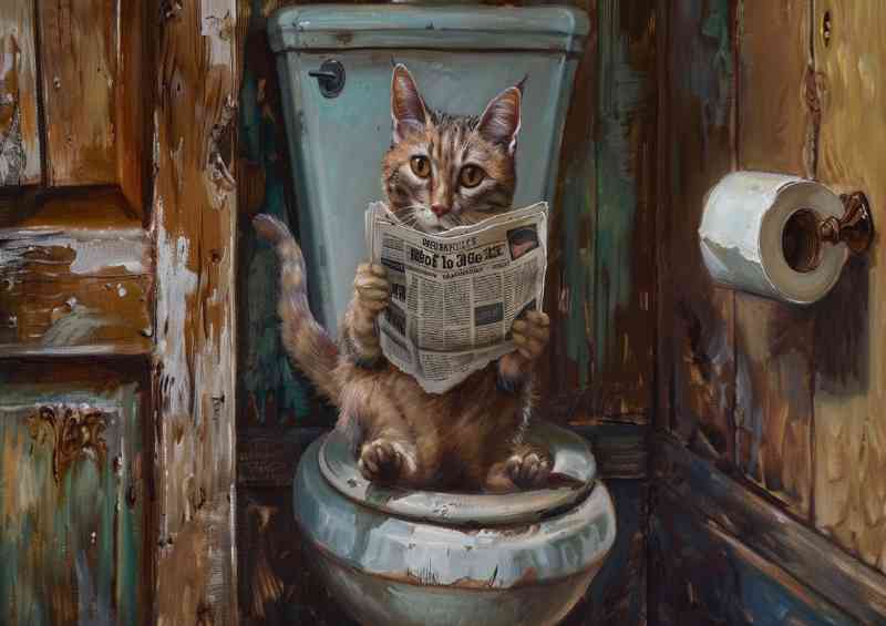 Cat reading news on toilet surreal tabby
