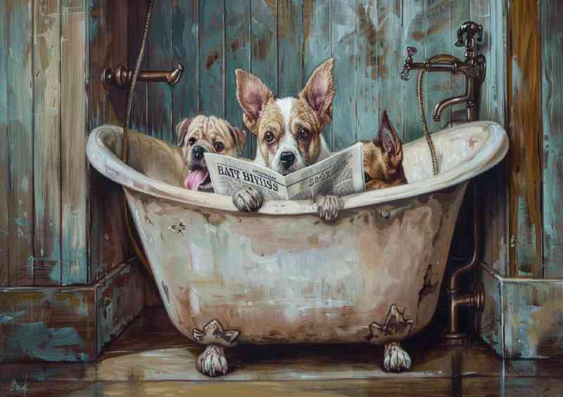 Corgi reading newspaper in the bath tub