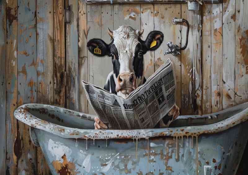 Cow in the bathtub reading newspaper