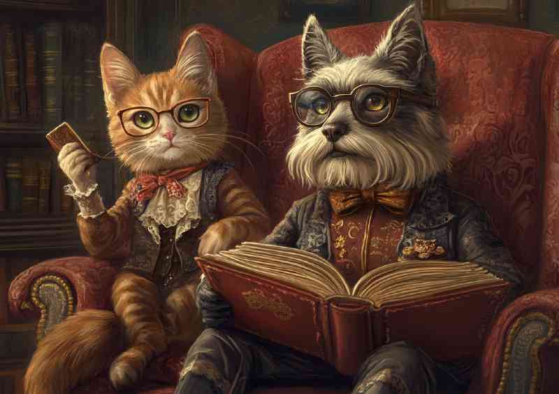 Dog and cat reading newspaper