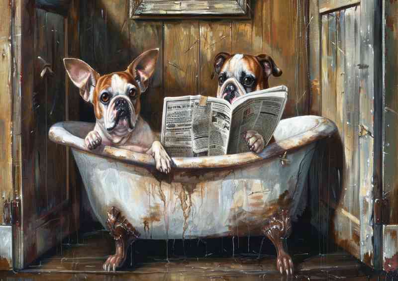 French buldogs reading newspaper in the bath tub