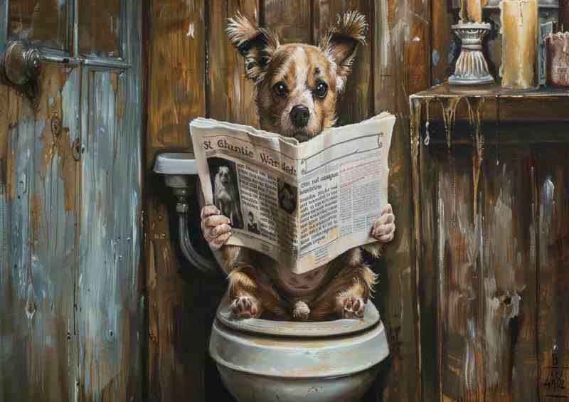 Little Dog reading news on toilet