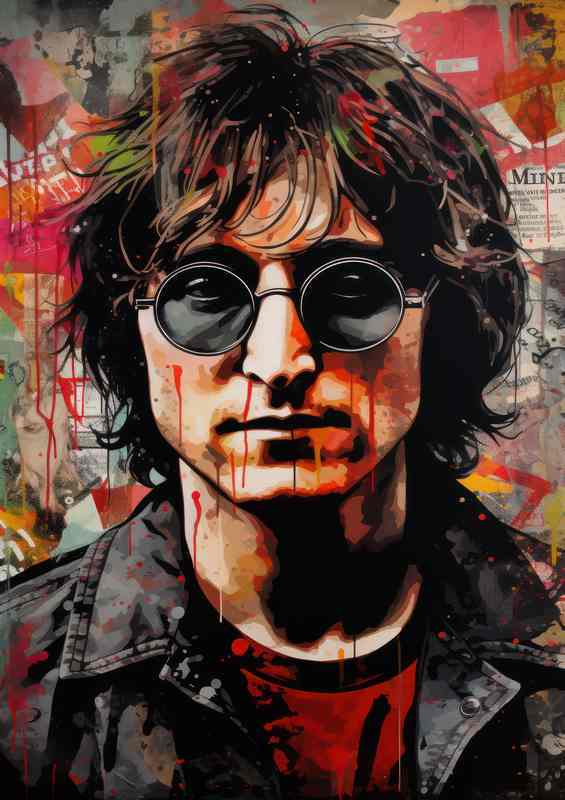 John Lennon with glasses in splash art style coloured