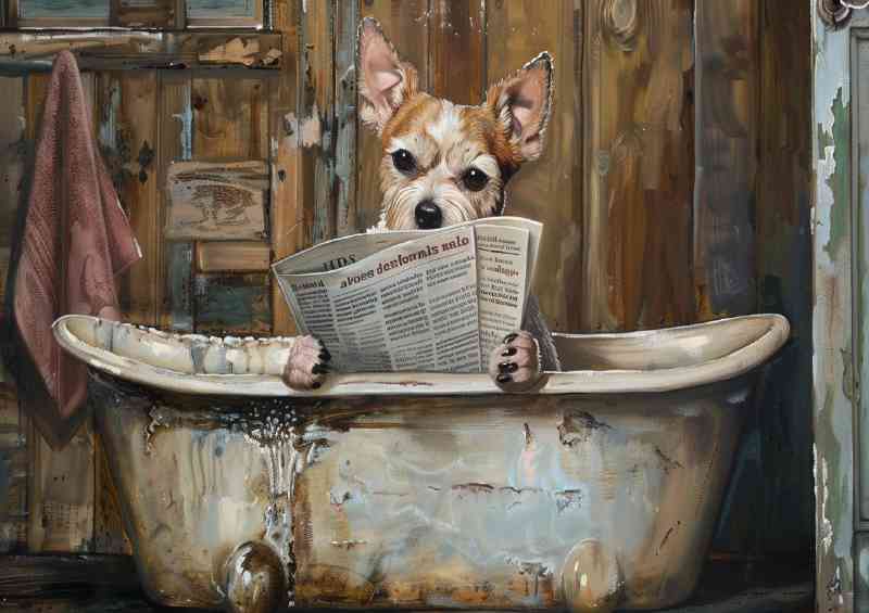 Little dog in the bathtub reading news surreal