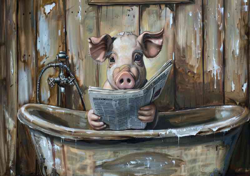 Pig Pink sitting in the middle of a bath tub reading paper