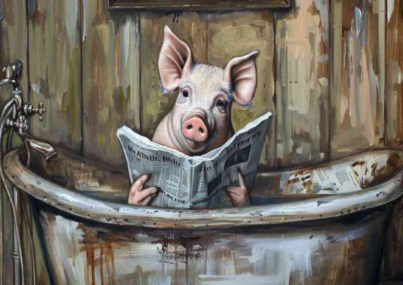 Pink pig reading newspaper in the bath tub surreal