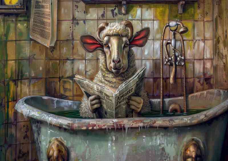 Sheep in a old bath tub surreal