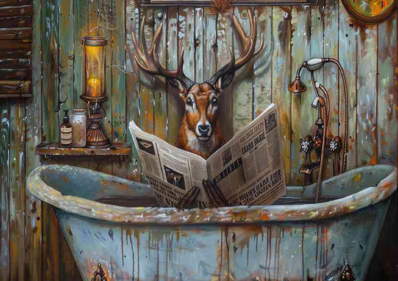 Stag sitting in a old bath tub reading todays newspaper surreal