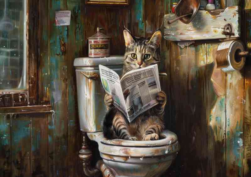 Tabby cat reading paper on toilet surreal