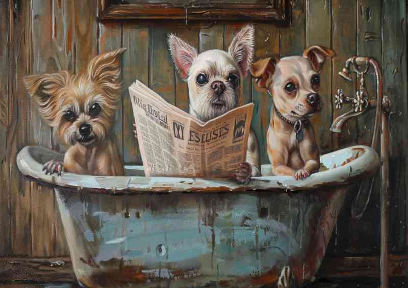 Three breeds of dogs on the bath tub surreal