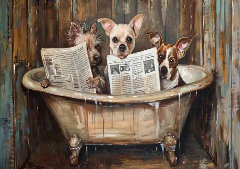 Trio of dogs in the old style bath tub surreal