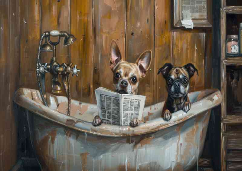 Two dogs in the bath tub reading news surreal