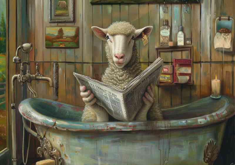 White sheep reading a newspaper surreal
