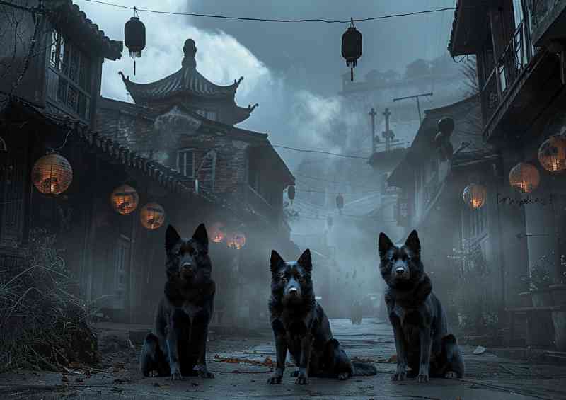 Fantasy village three black dogs