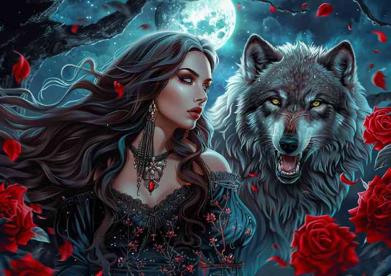 Gothic woman lonfg hair with grey wolf moon