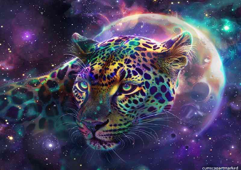 Leopard with big eyes and moon in background