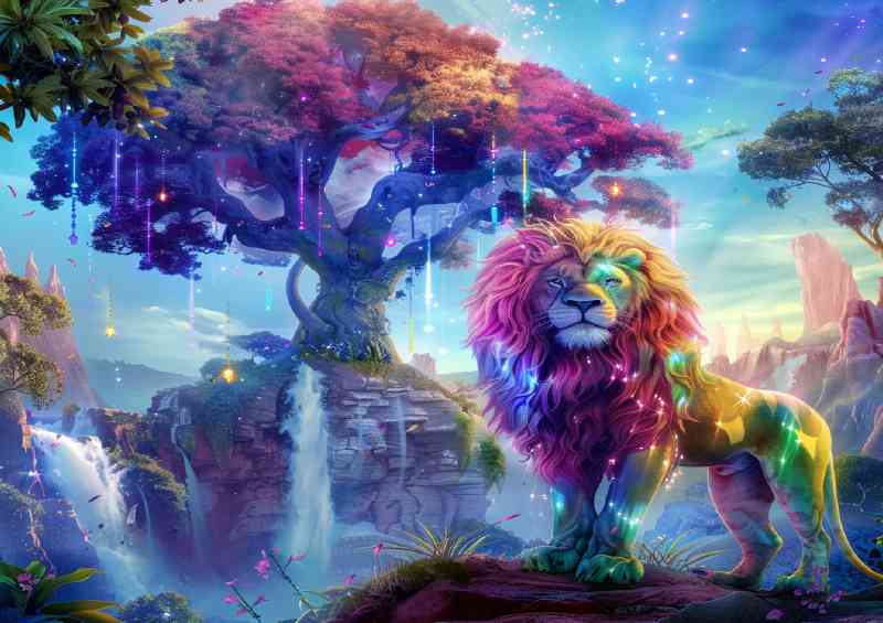 Lion in a grace of rainbow colours