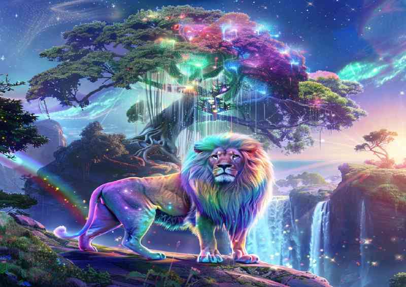 Lion surrounded by rainbow colours