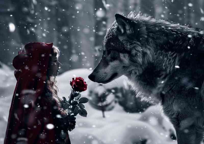 Little red riding hood with rose and wolf
