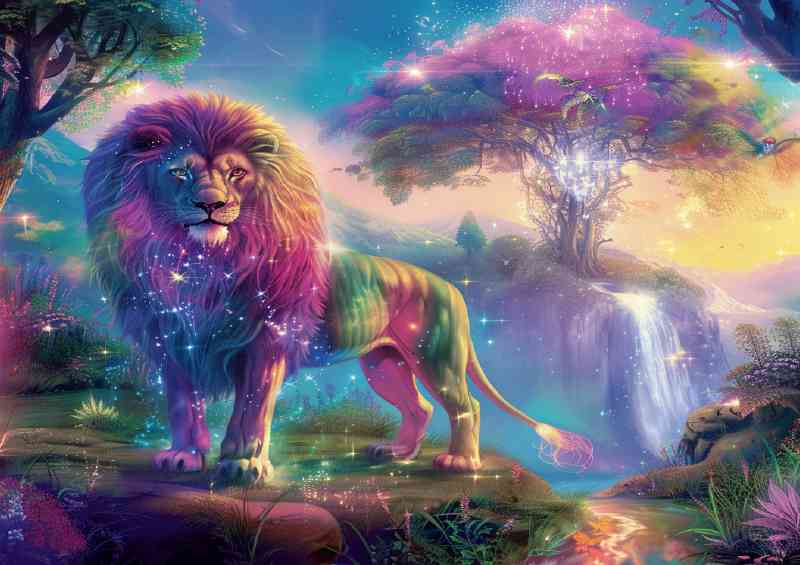 Majestic Lion with rainbow colored fur stands grace