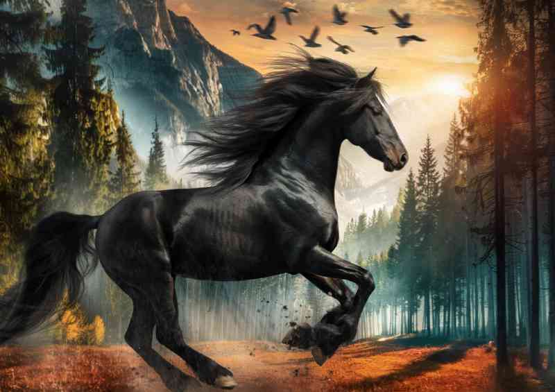 Majestic black horse painted