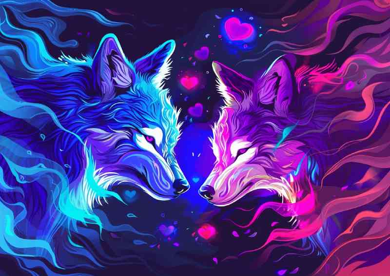 Neon wolfs facing with waves flowing