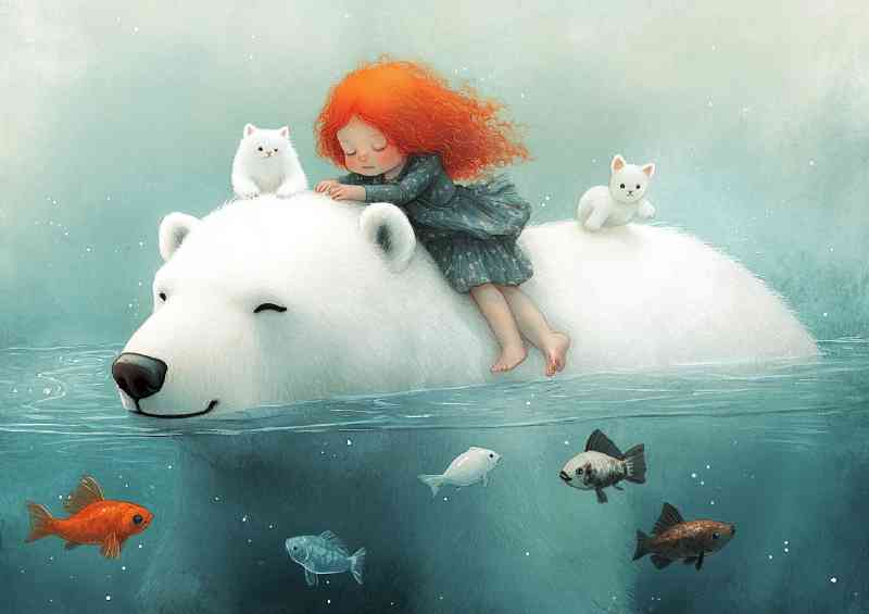 Red hair girl sitting on the polar bear with fish