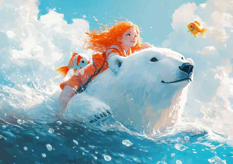 Red haired girl on the back of a polar bear in the ocean