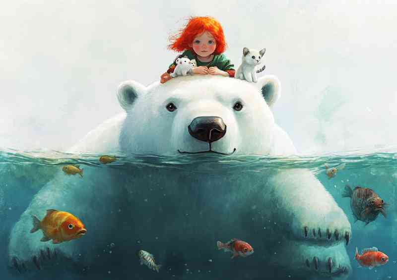 Red haired girl polar bear sea