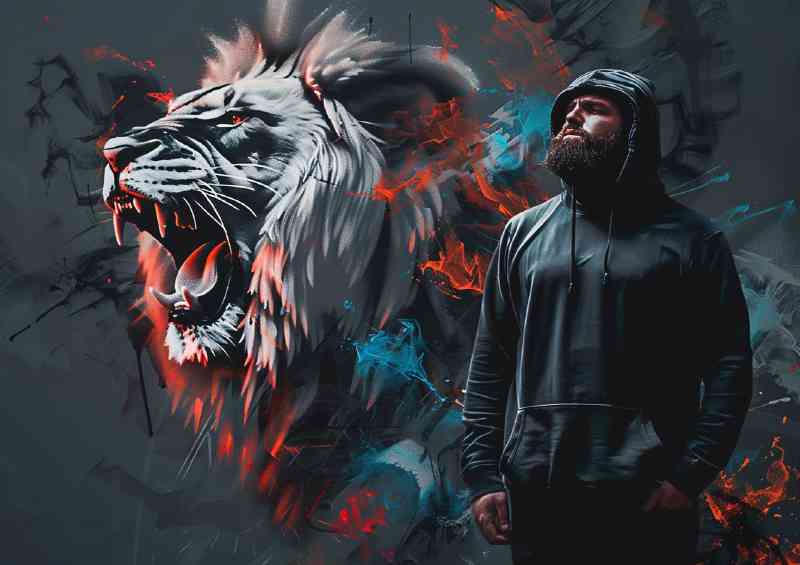 The abstract lion and hooded man