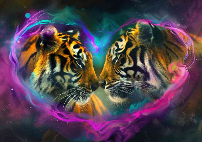 Tigers surrounded by heart fog