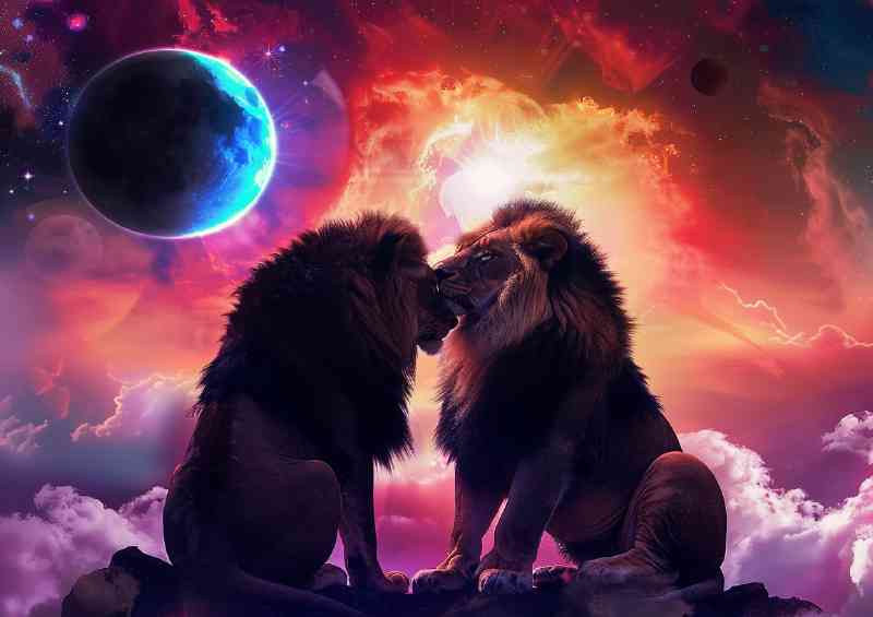 Two lions in love with night sky