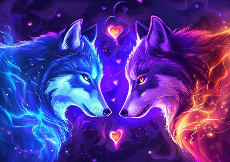 Two wolves facing each other one is blue with hearts