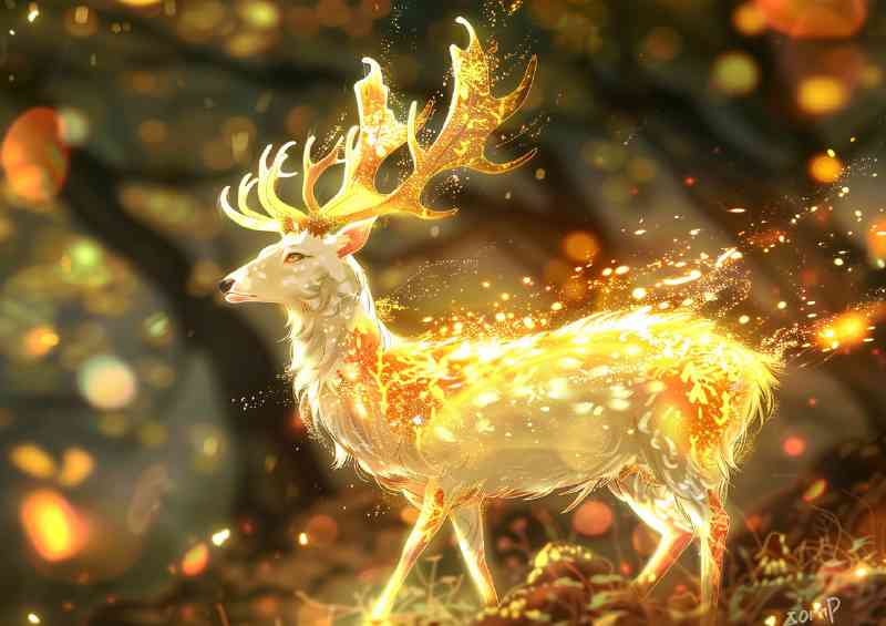 White deer with glowing anterlers in woodland