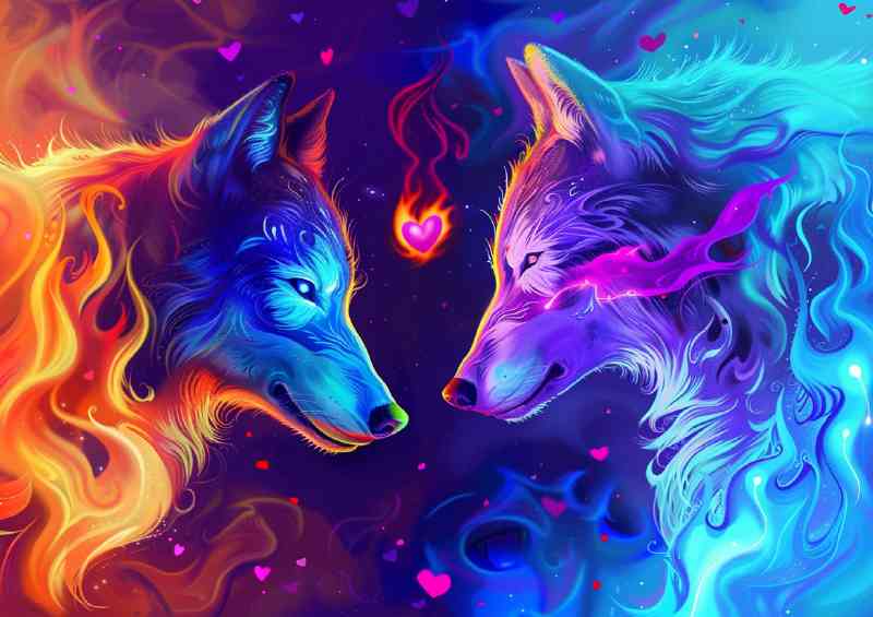 Wolves facing each other blue with glowing neon