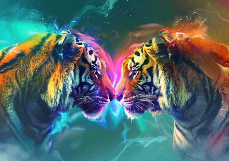 a pair of tigers facing colourful colours