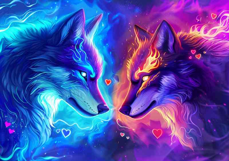 two wolfs neon colours facing eachother