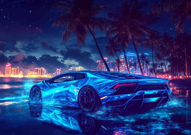 Blue Lamborghini Huracan on the beach at night