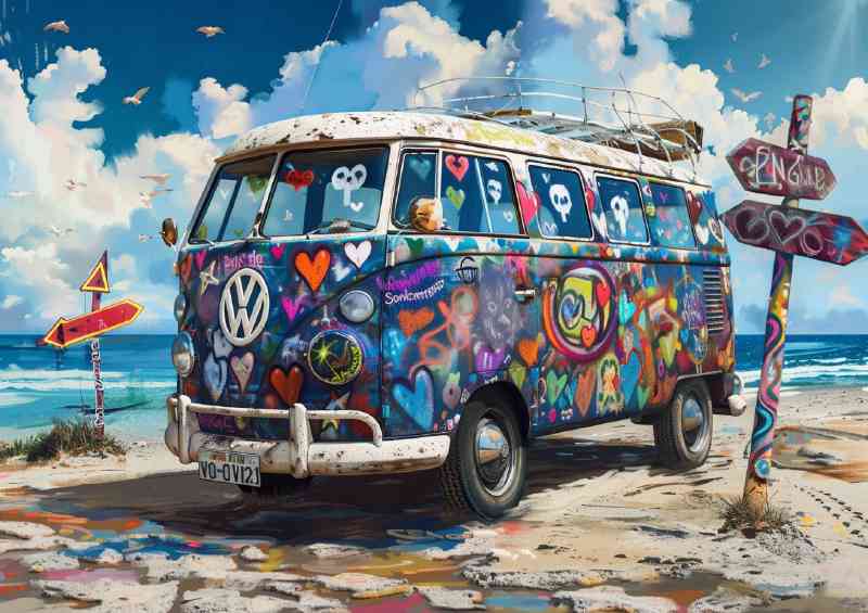 Classic hippie van covered in colorful graffiti
