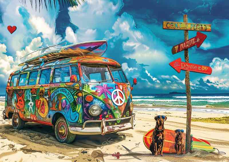 Colorful van covered in graffiti art and peace sign