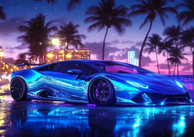 Lamborghini Huracan on the beach at night in blue