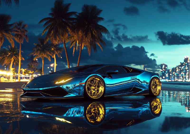 Lamborghini huracan blue and gold at dusk